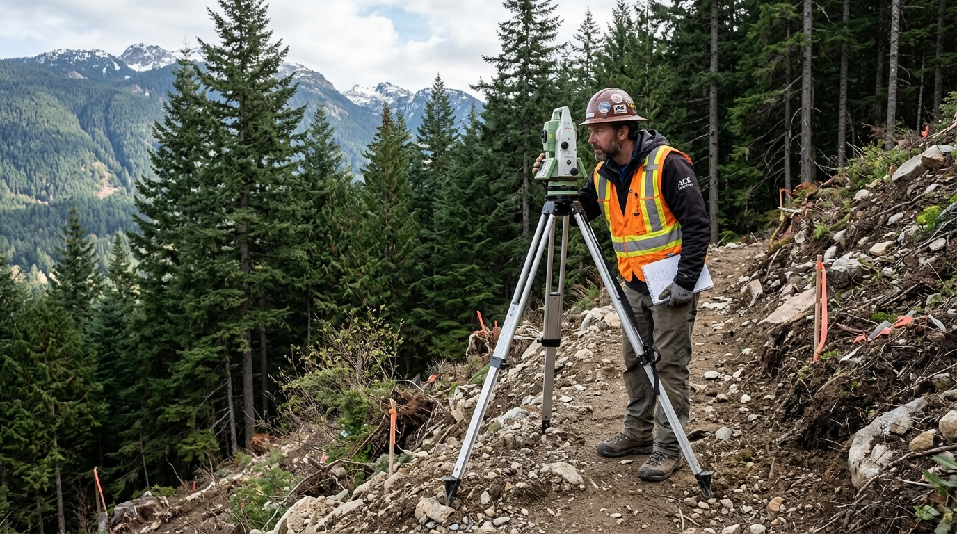 Geotechnical ground assessment with a survey tripod on a steep Sea-to-Sky building lot