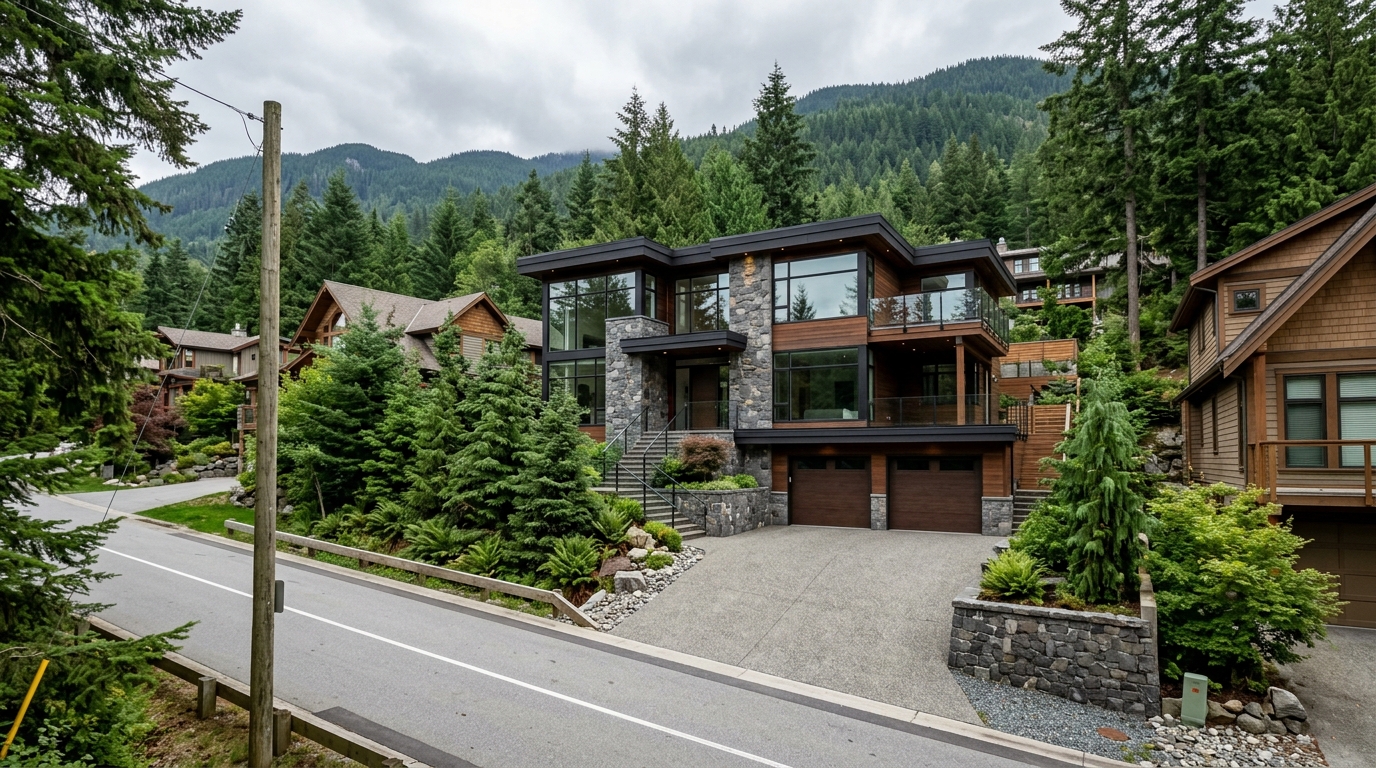 Completed modern wood-and-stone custom home on a mountain slope in Whistler by Keystone Possibilities