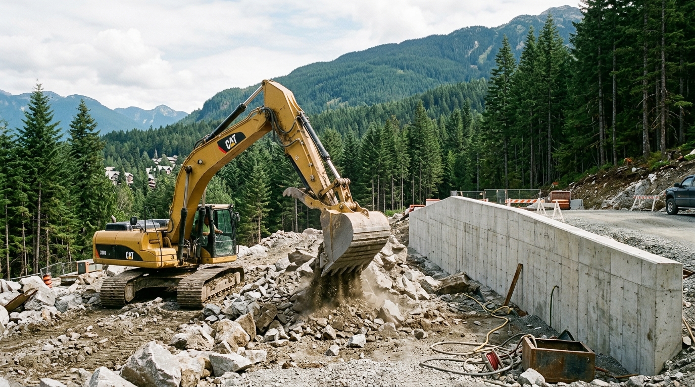 Excavator digging granite bedrock beside an engineered concrete retaining wall