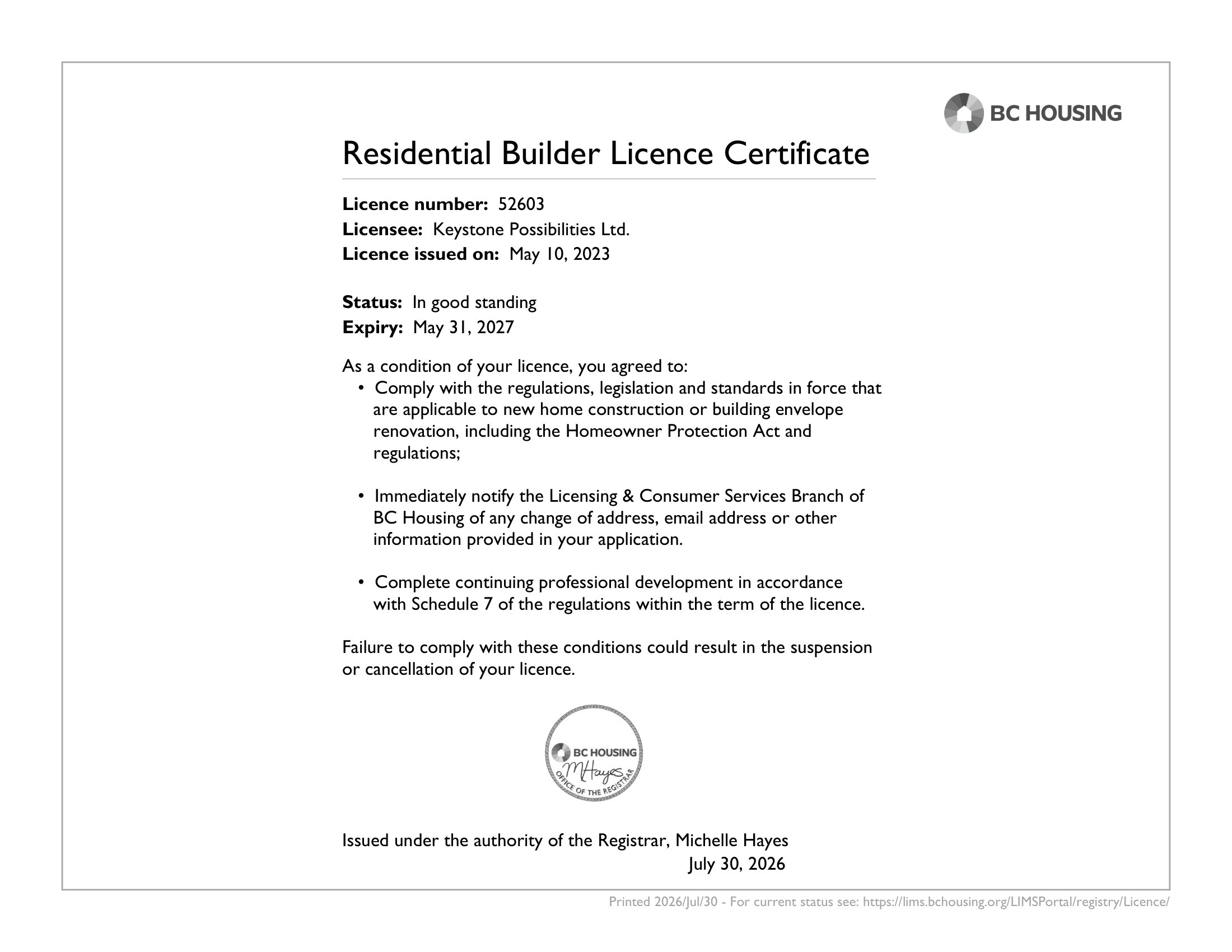 Wayne Stevenson BC Housing Residential Builder License Certificate #52603