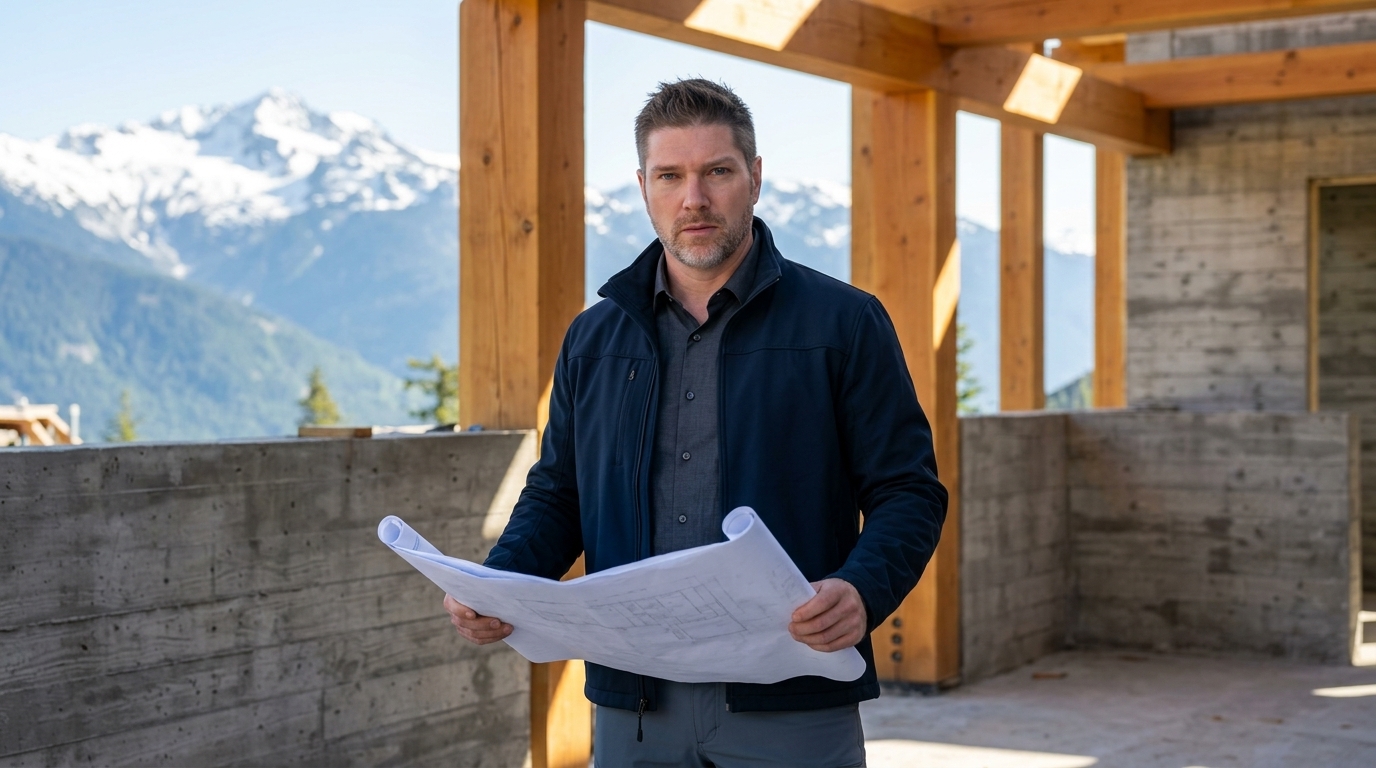 Wayne Stevenson on luxury Whistler estate build holding blueprints