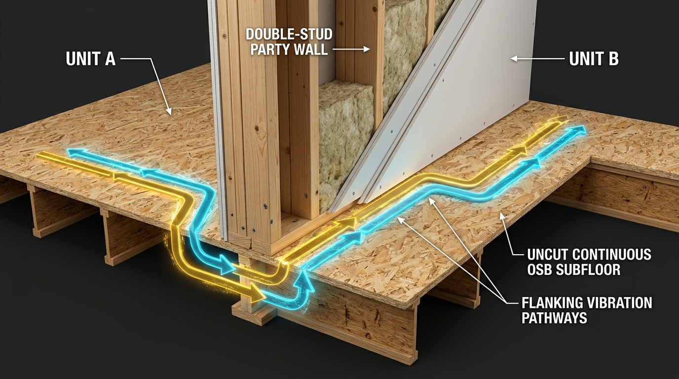 Vancouver Multiplex BCBC 2024 Fire Acoustic Double Stud Party Wall Subfloor Flanking Diagram